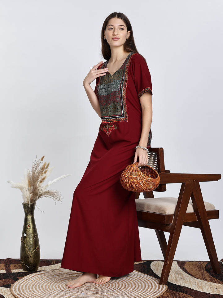 Maroon Embroidery Bizzy Lizzy Nighty for Women 