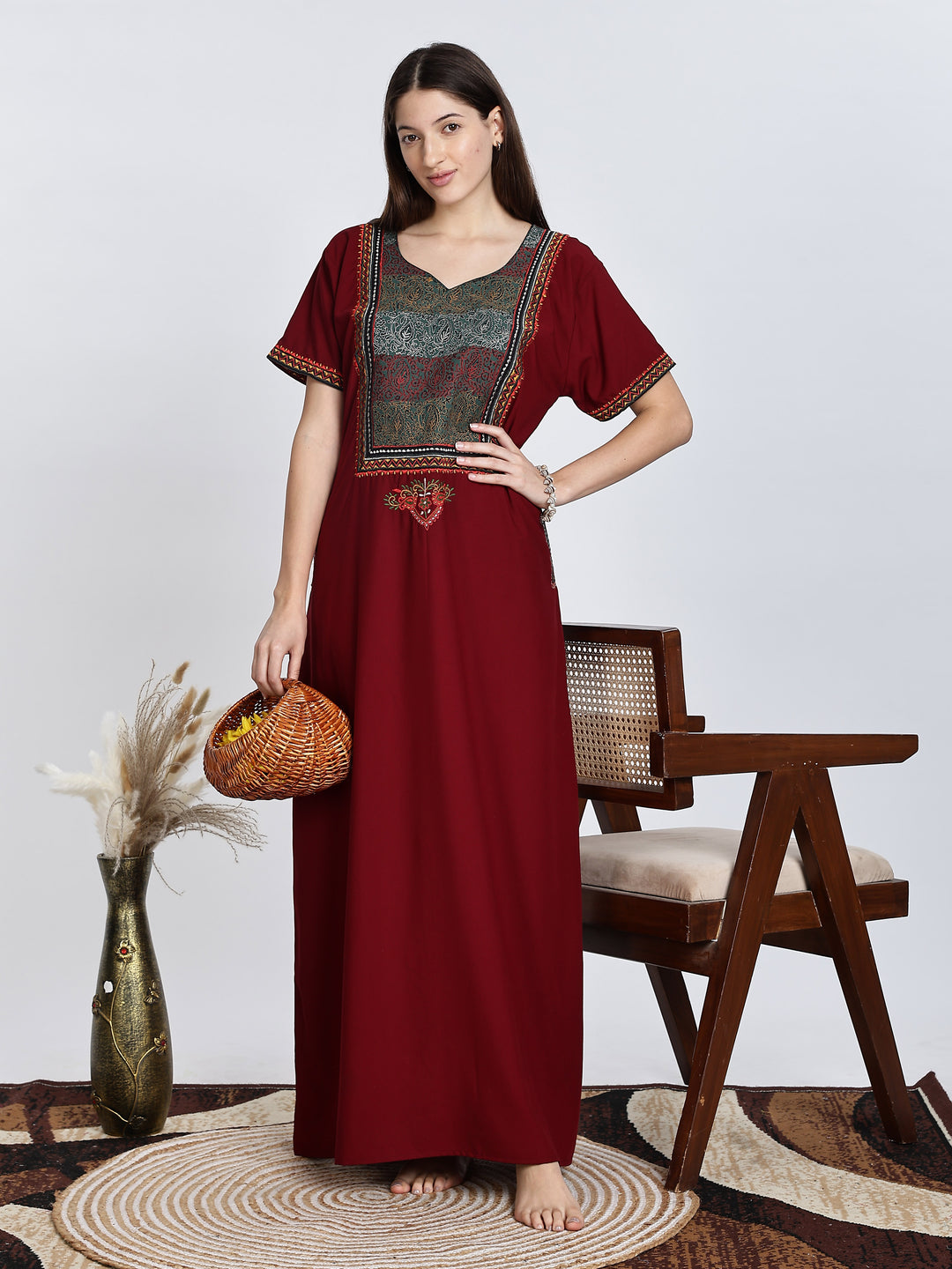 Maroon Embroidery Bizzy Lizzy Nighty for Women 