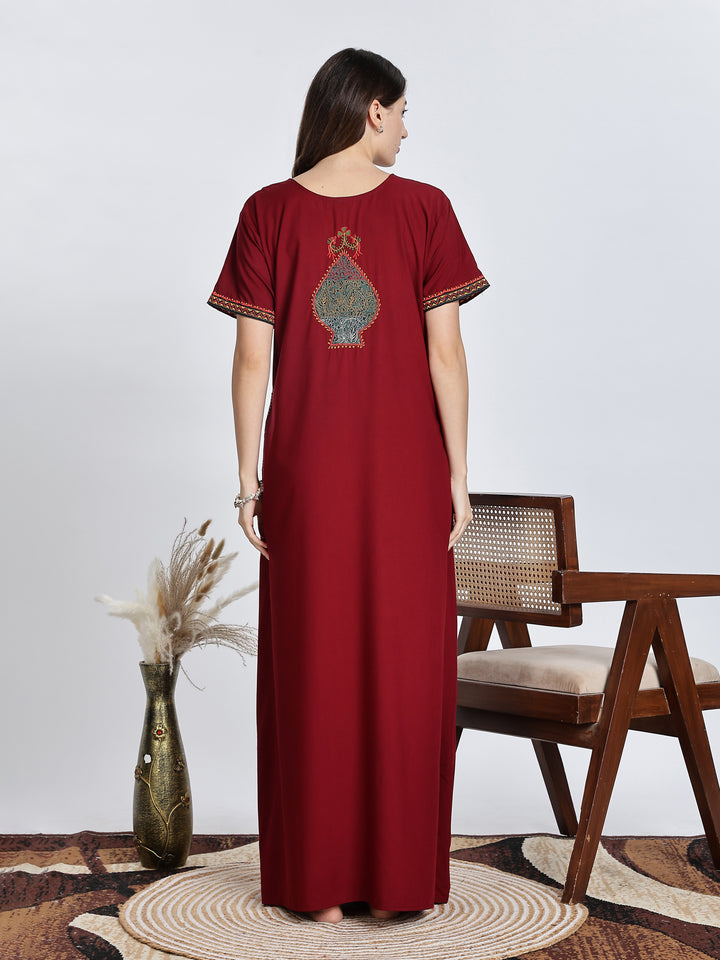 Maroon Embroidery Bizzy Lizzy Nighty for Women 