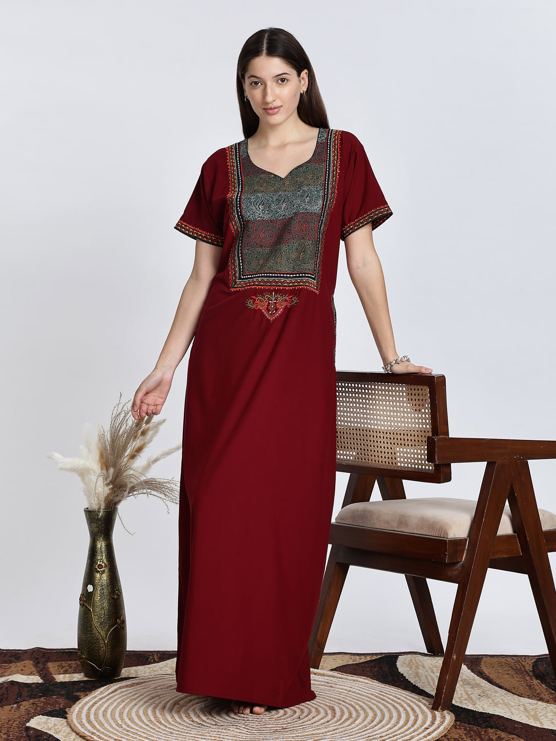Maroon Embroidery Bizzy Lizzy Nighty for Women 