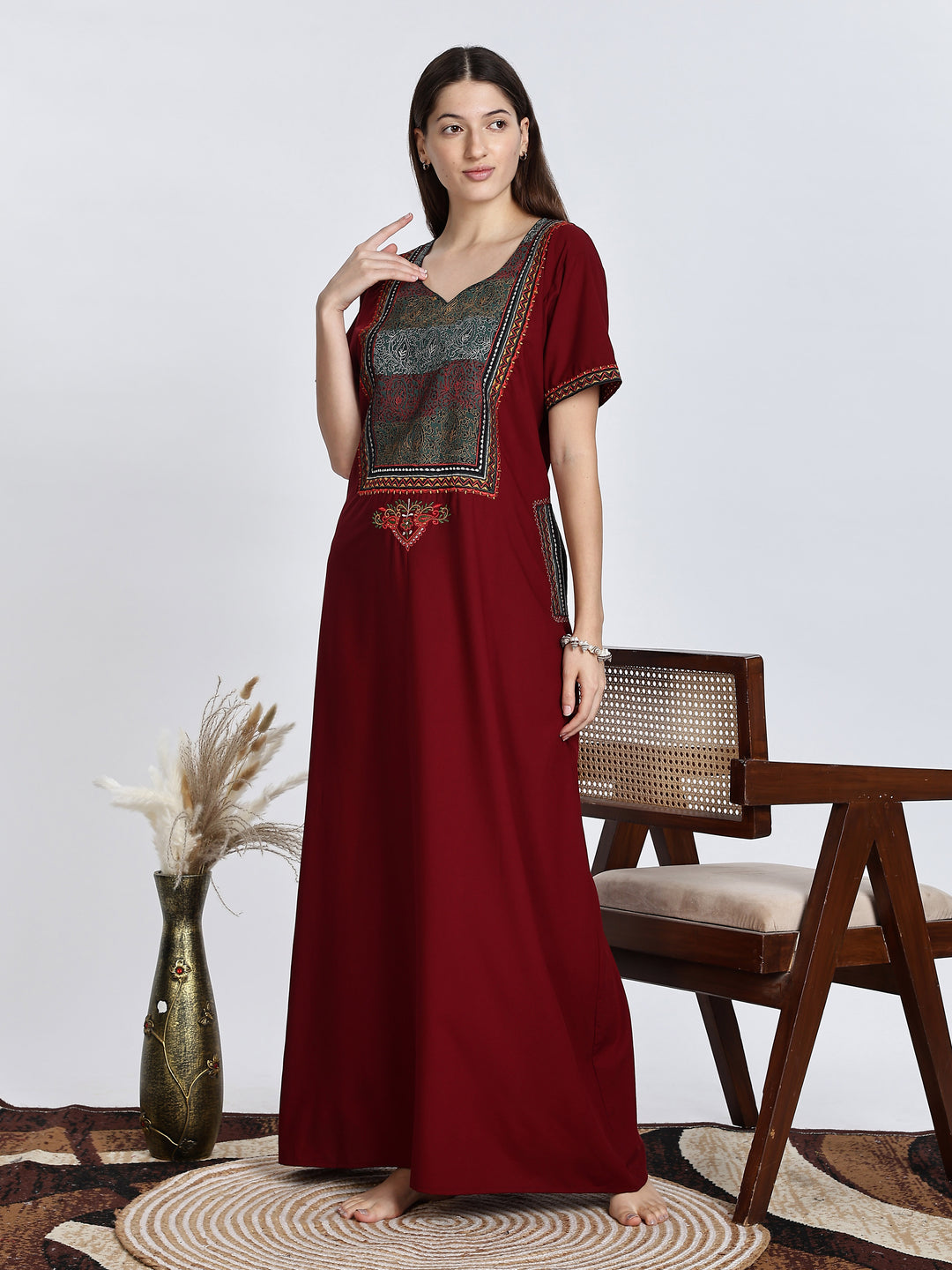 Maroon Embroidery Bizzy Lizzy Nighty for Women 