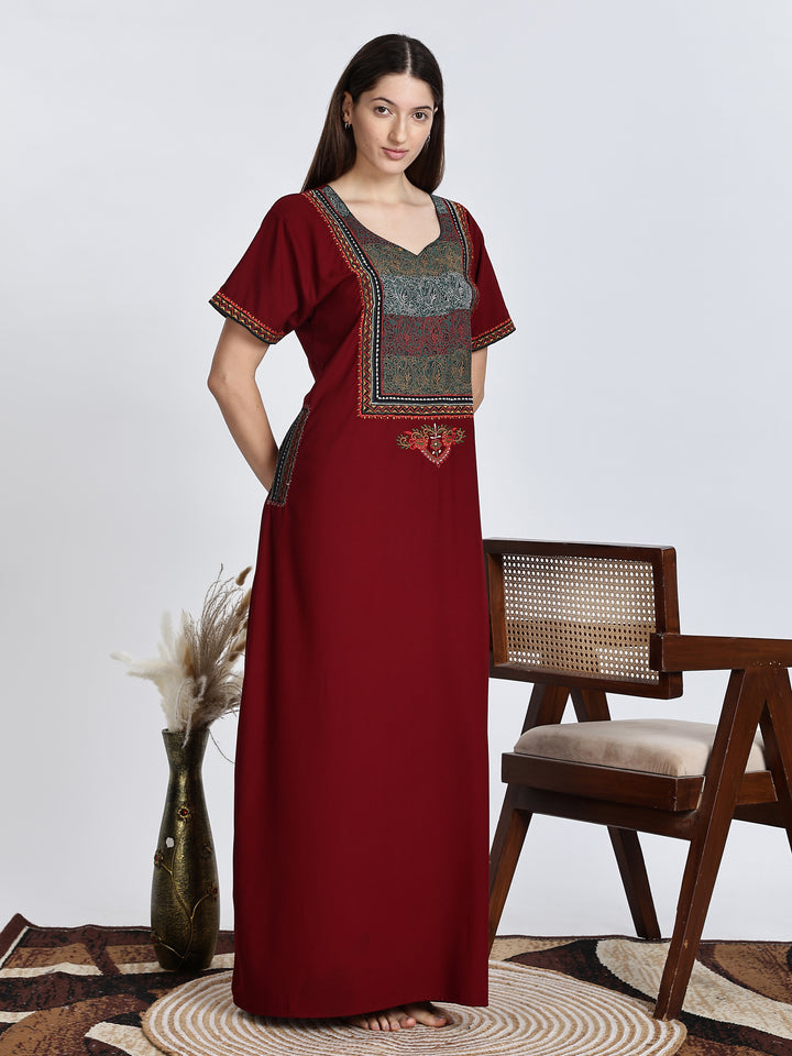 Maroon Embroidery Bizzy Lizzy Nighty for Women 