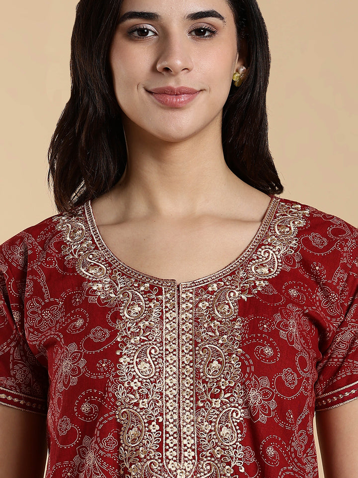 Heritage Maroon Embroidered Pure Cotton Nighty for Women