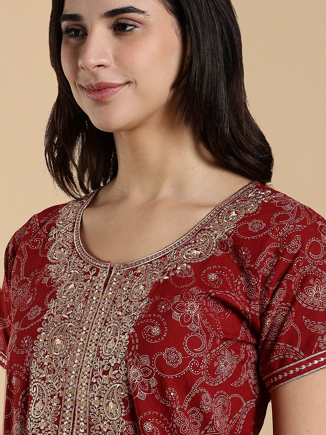 Heritage Maroon Embroidered Pure Cotton Nighty for Women