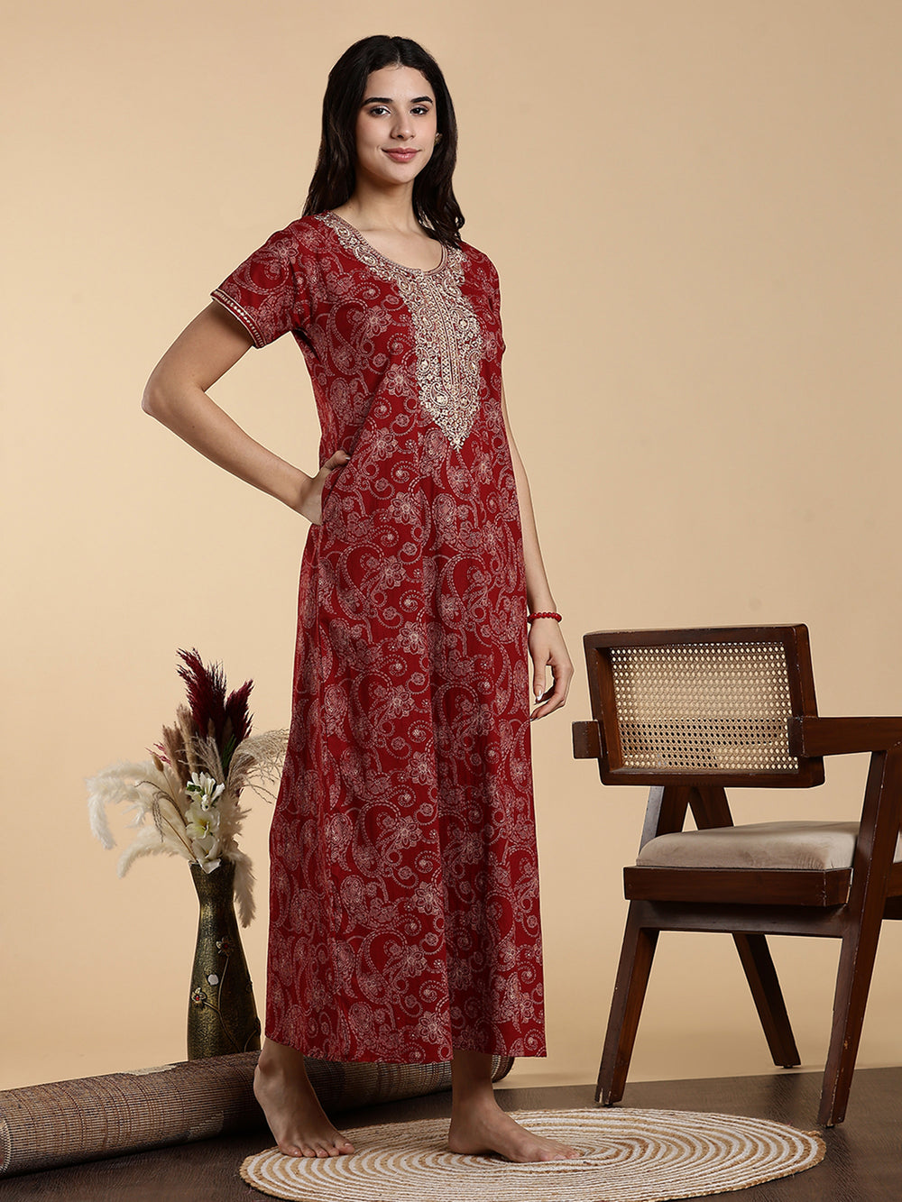 Heritage Maroon Embroidered Pure Cotton Nighty for Women