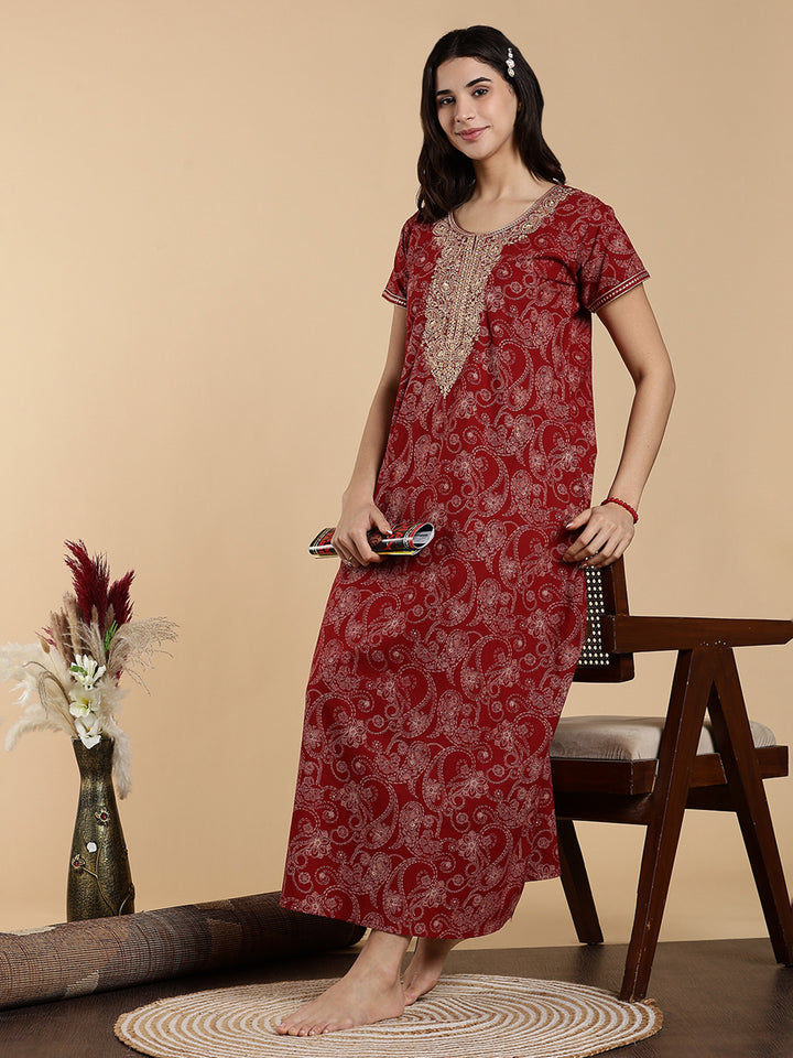 Heritage Maroon Embroidered Pure Cotton Nighty for Women