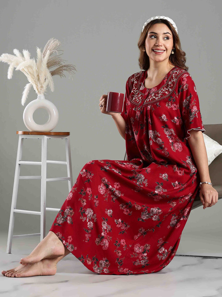 Maroon Floral Alpine Branded Nighty for Women