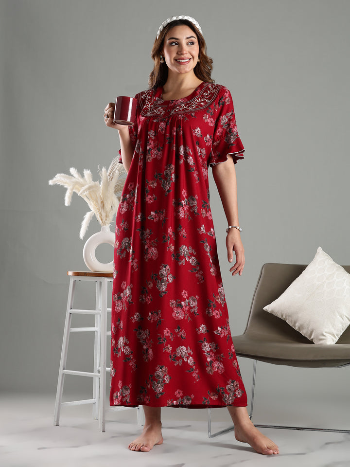 Maroon Floral Alpine Branded Nighty for Women