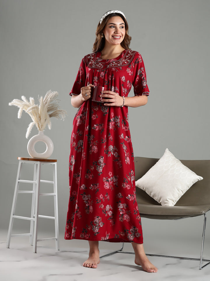 Maroon Floral Alpine Branded Nighty for Women