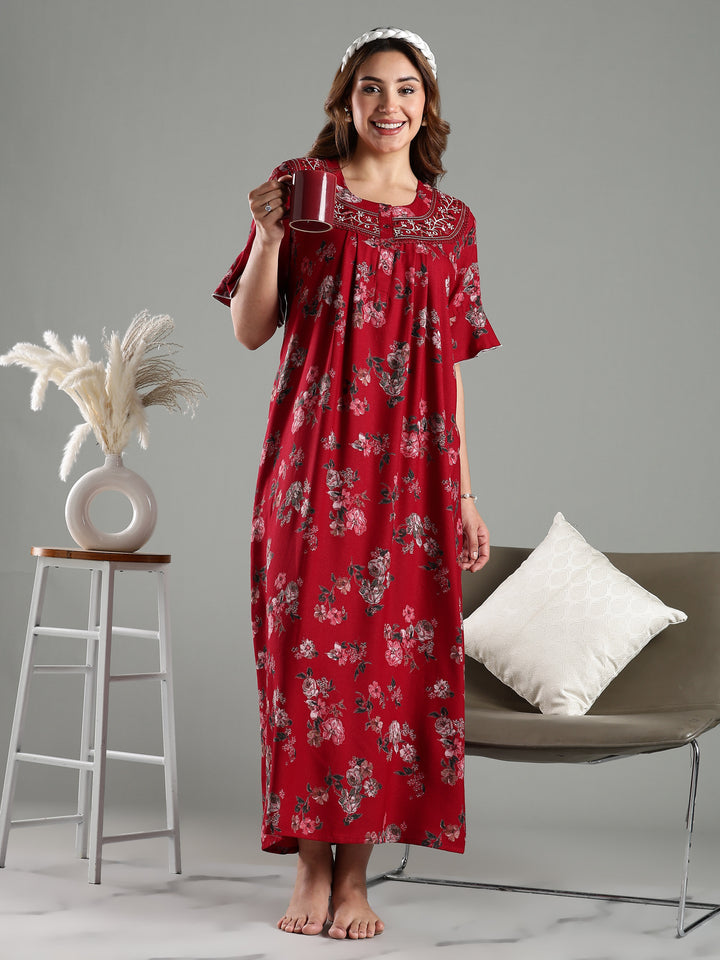 Maroon Floral Alpine Branded Nighty for Women