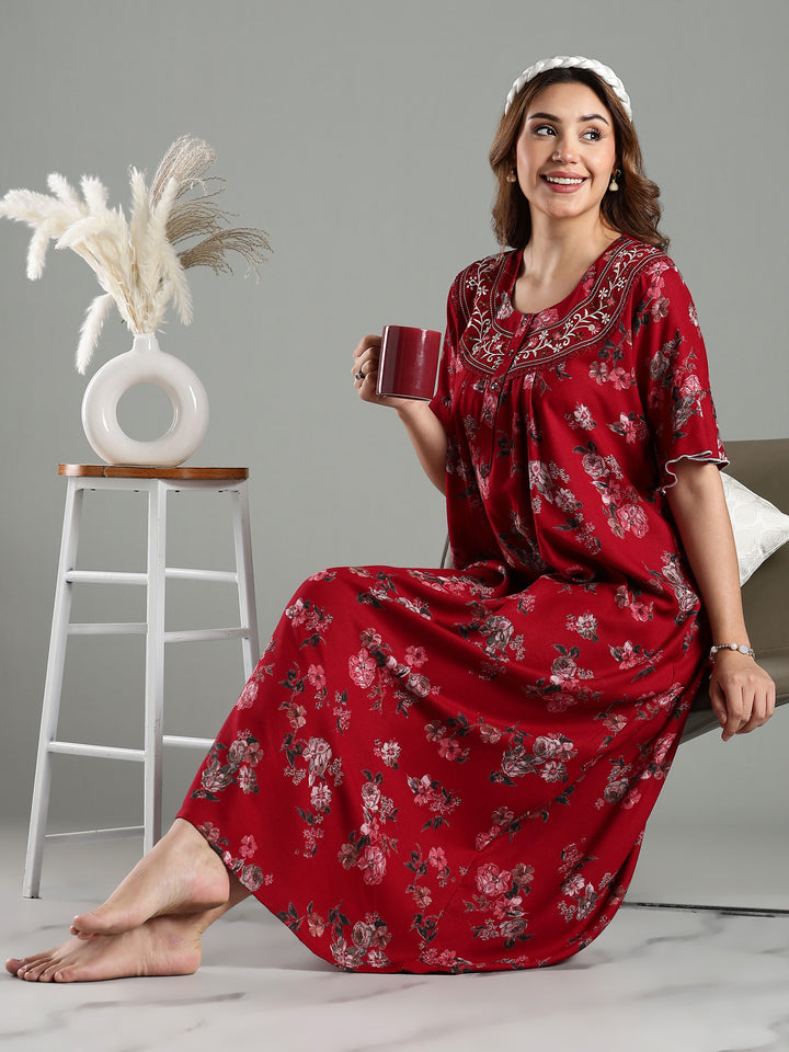 Maroon Floral Alpine Branded Nighty for Women