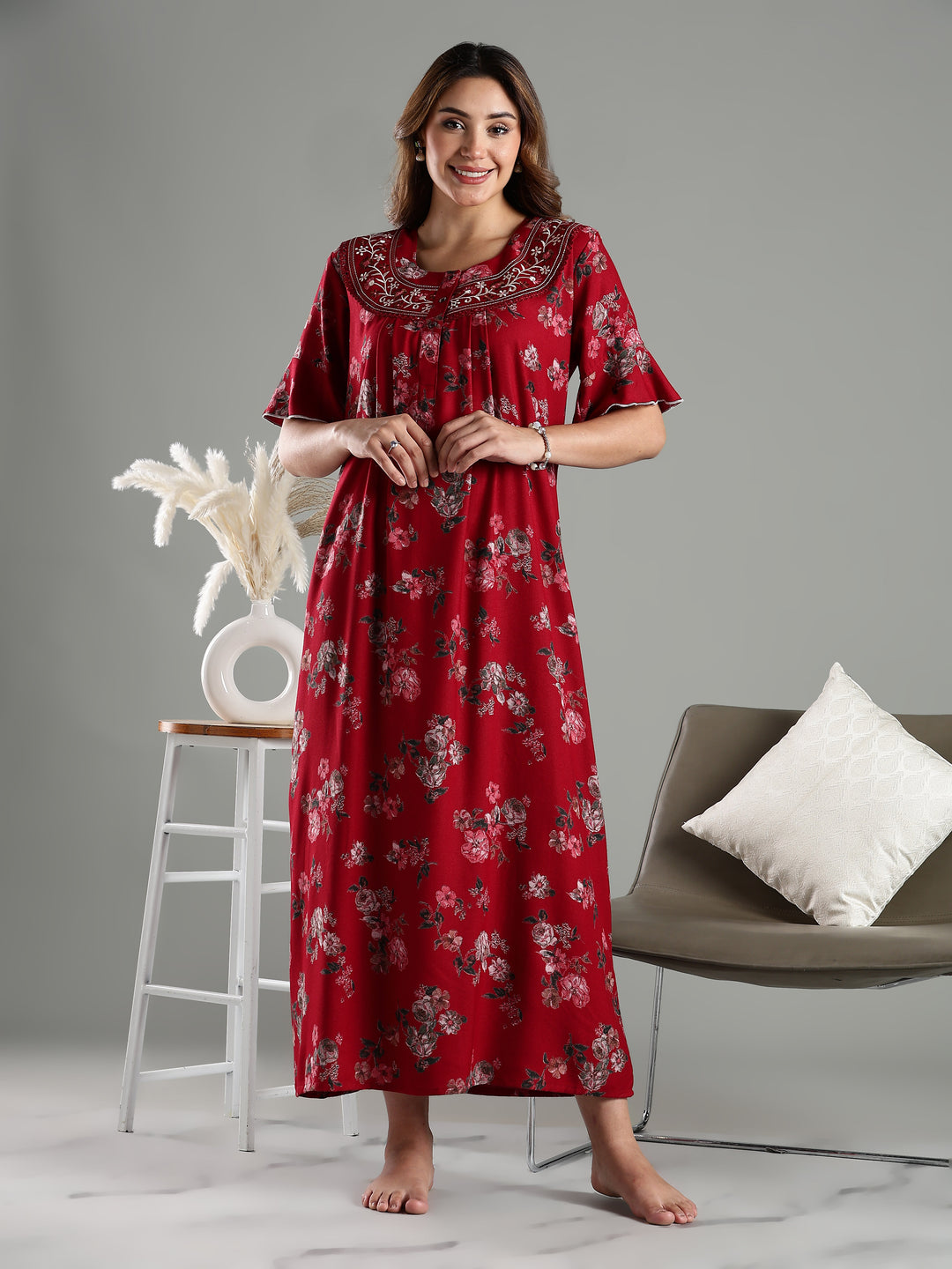 Maroon Floral Alpine Branded Nighty for Women