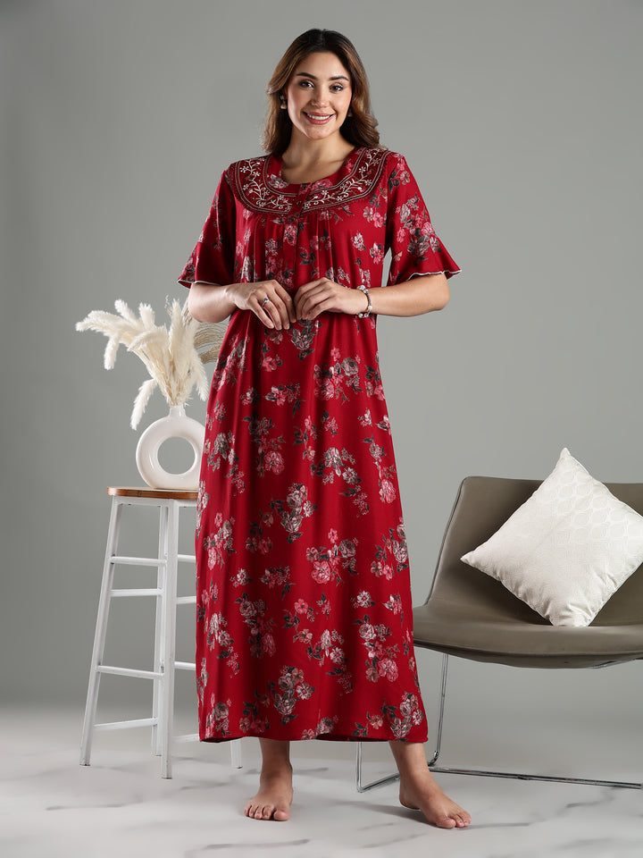 Maroon Floral Alpine Branded Nighty for Women