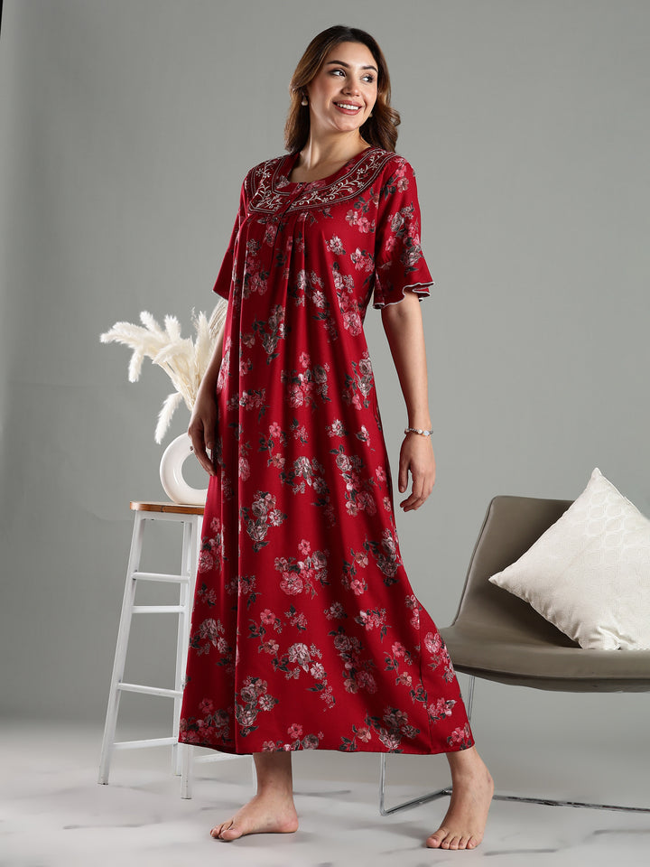 Maroon Floral Alpine Branded Nighty for Women