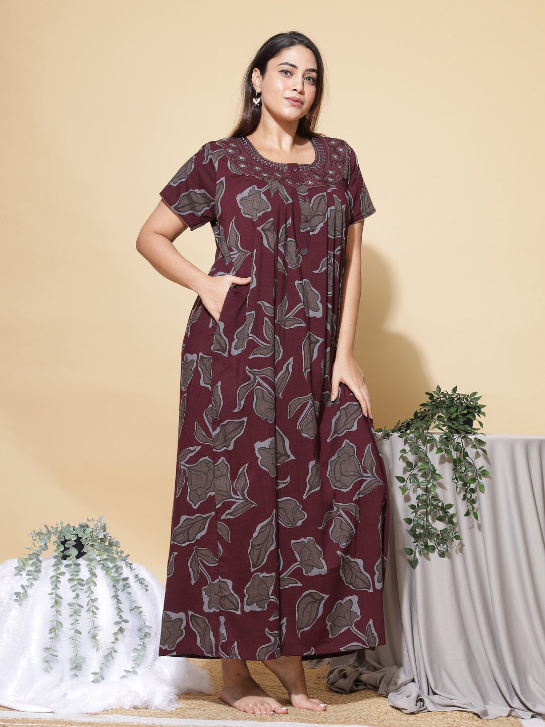 Stylish Maroon Cotton Nighty For Women