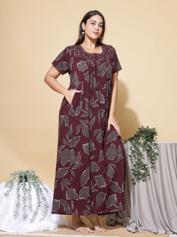 Stylish Maroon Cotton Nighty For Women