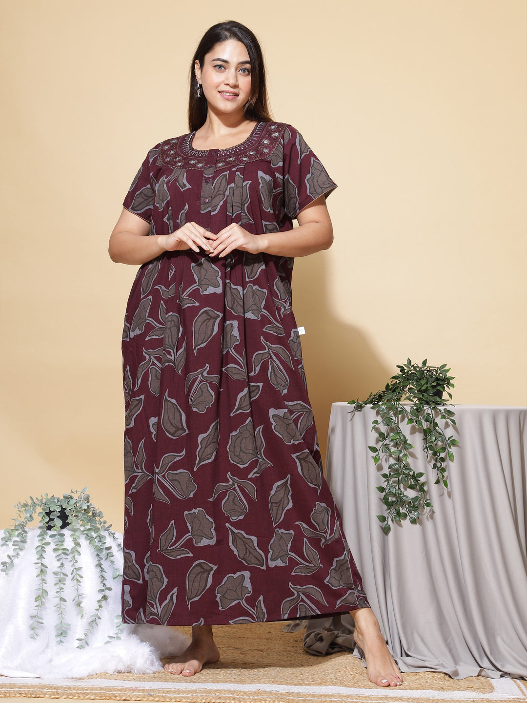 Stylish Maroon Cotton Nighty For Women