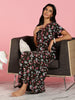 Deep Maroon Hosiery Cotton Floral Nightdress with Embroidered Neckline