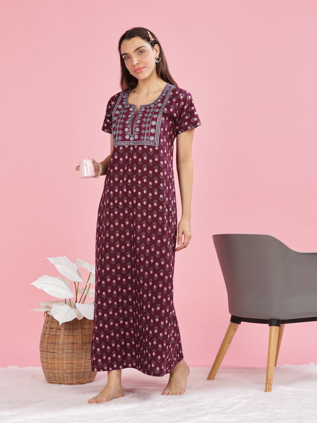 Elegant Embroidery Maroon Pure Cotton Nighty
