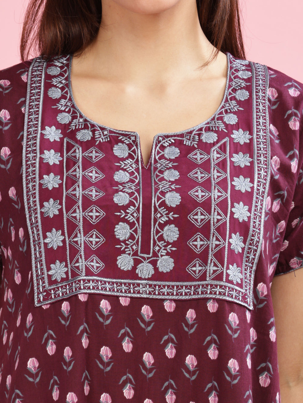 Elegant Embroidery Maroon Pure Cotton Nighty