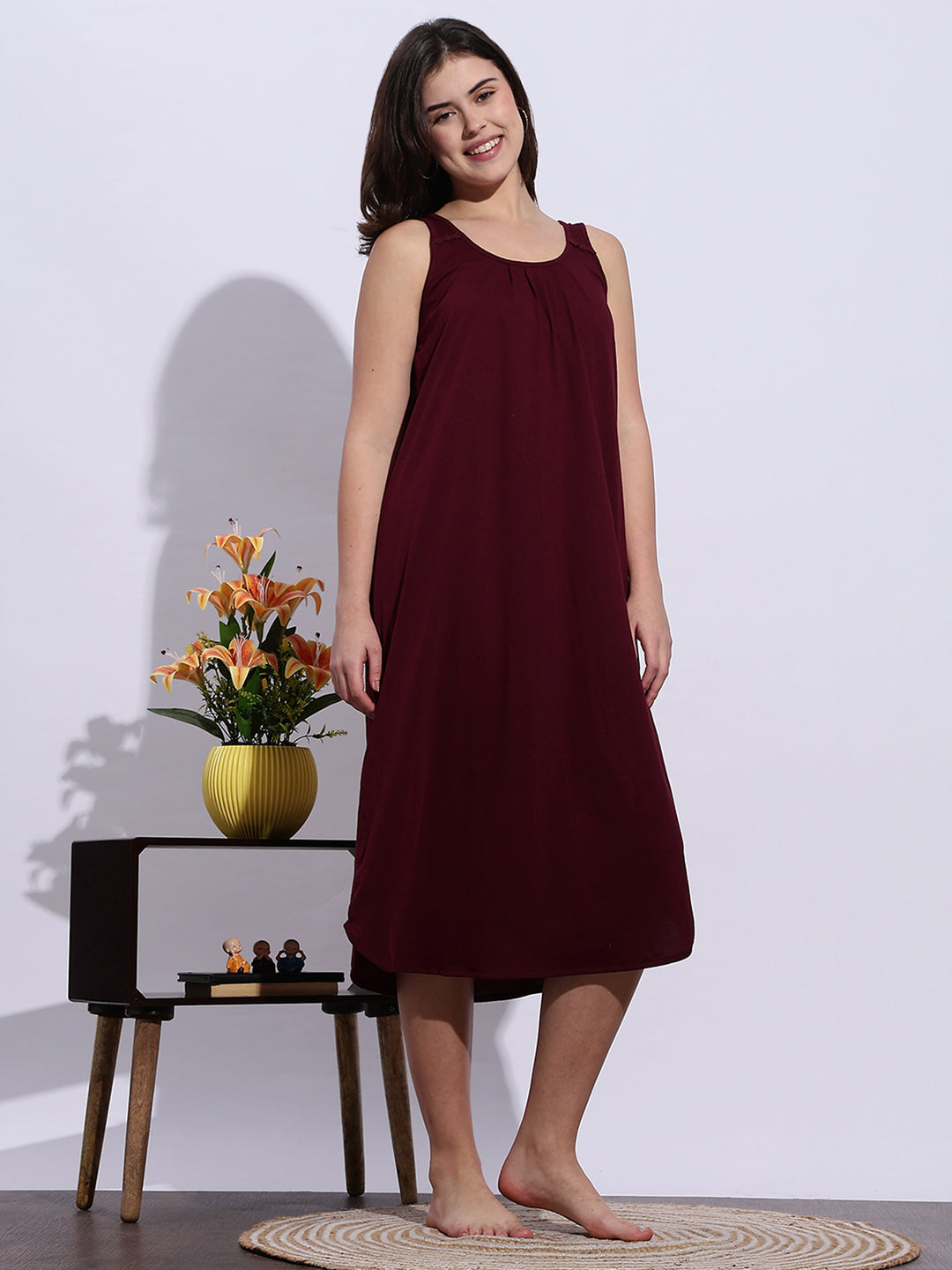 Maroon Hosiery Cotton Slip Sleeveless Night dress for Women