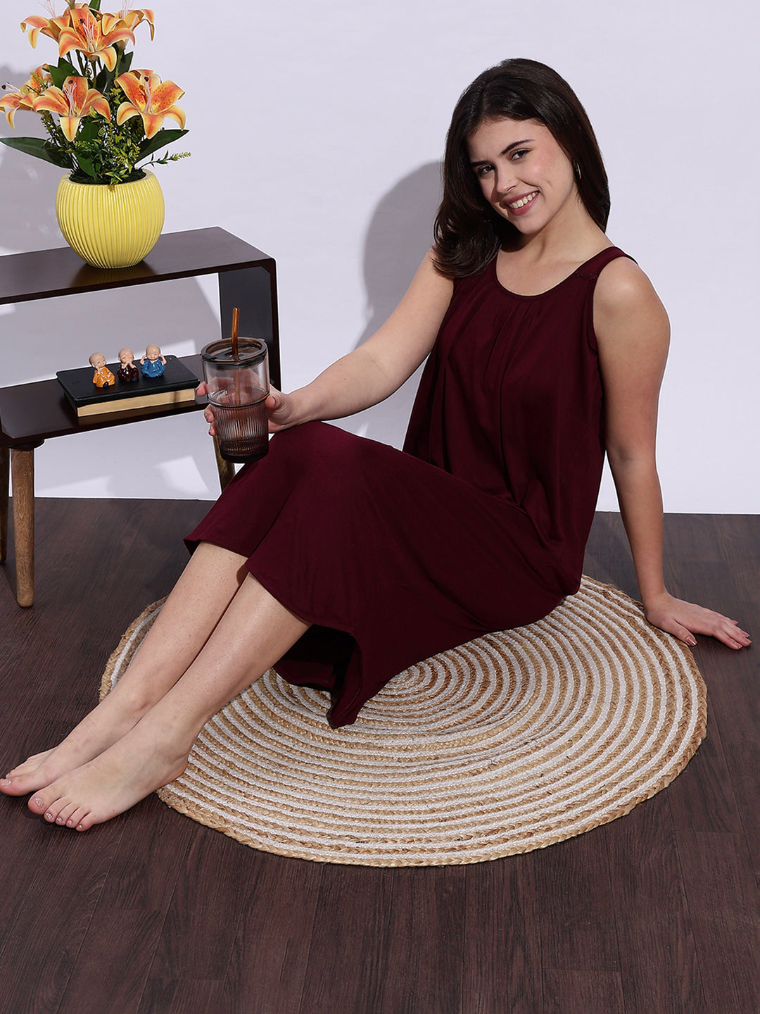 Maroon Hosiery Cotton Slip Sleeveless Night dress for Women