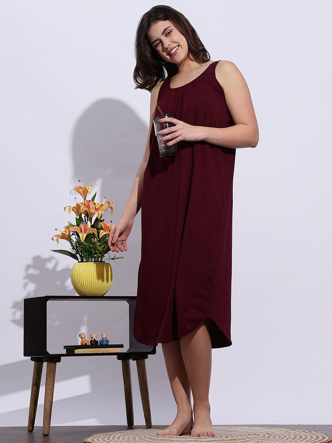 Maroon Hosiery Cotton Slip Sleeveless Night dress for Women