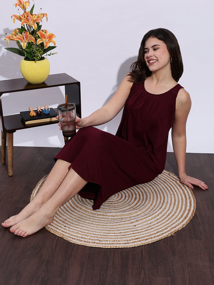 Maroon Hosiery Cotton Slip Sleeveless Night dress for Women