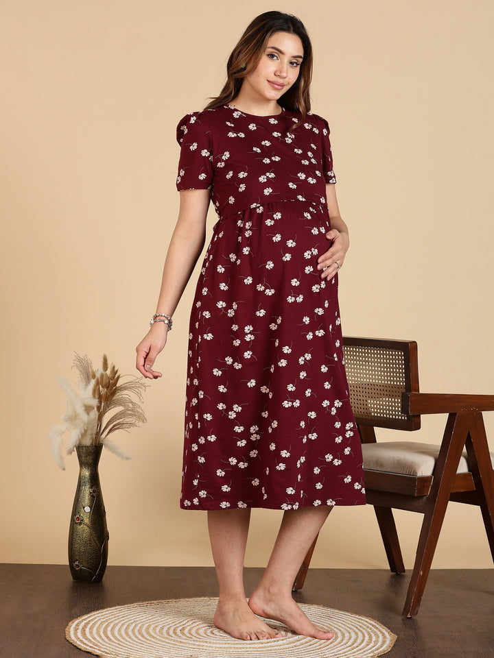 Maroon Breathable Zipless Maternity Feeding Nighty for Women