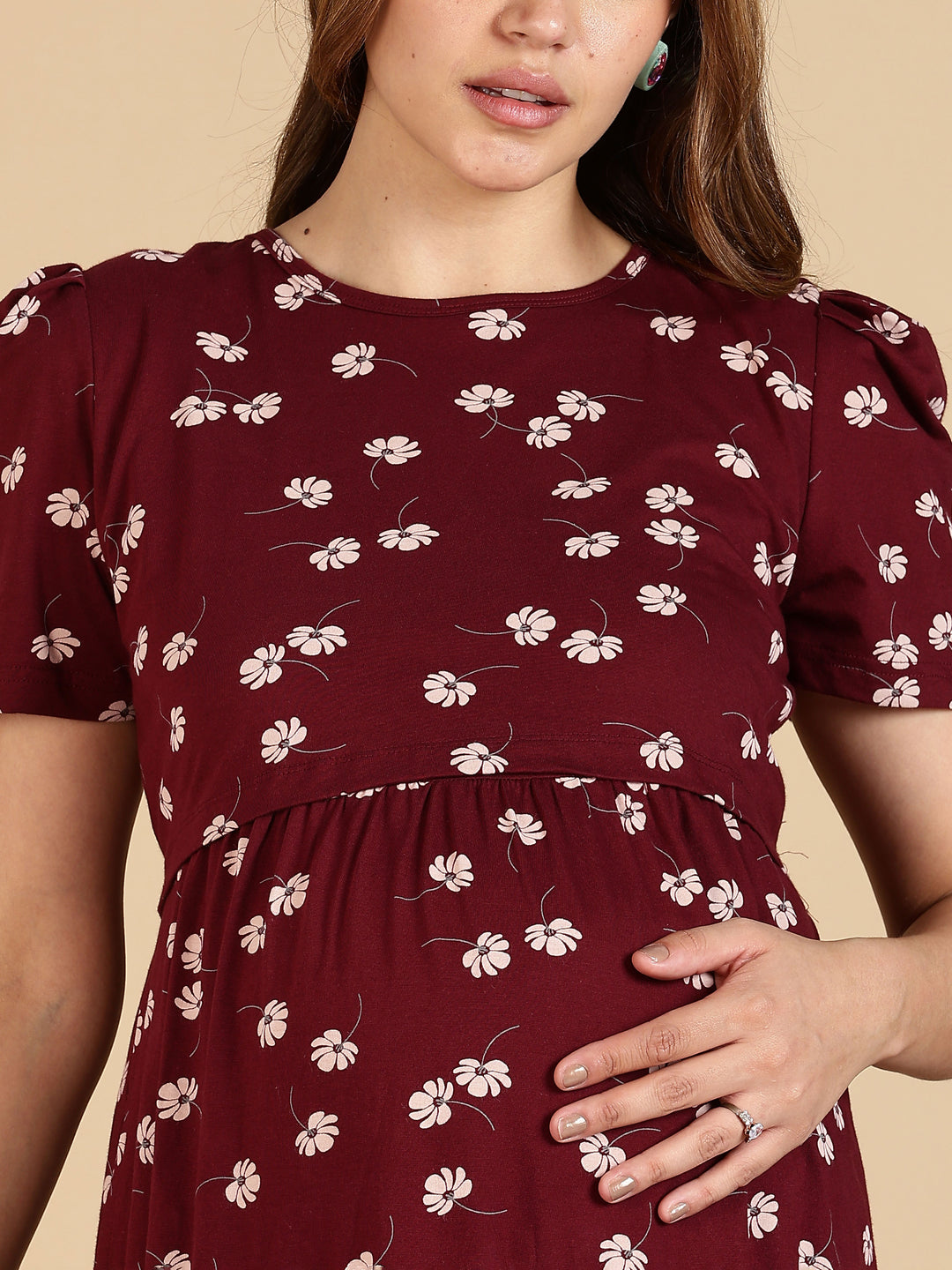 Maroon Breathable Zipless Maternity Feeding Nighty for Women