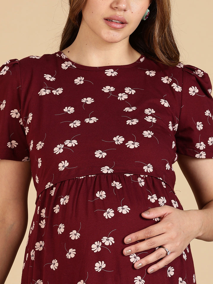Maroon Breathable Zipless Maternity Feeding Nighty for Women
