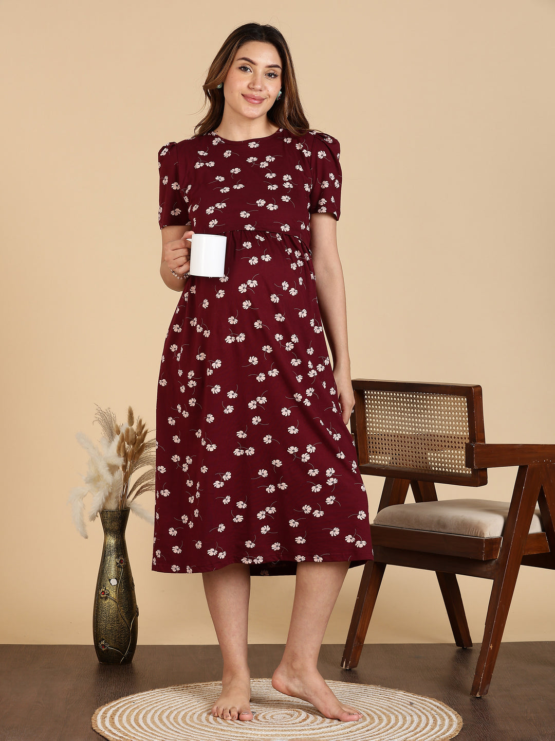 Maroon Breathable Zipless Maternity Feeding Nighty for Women