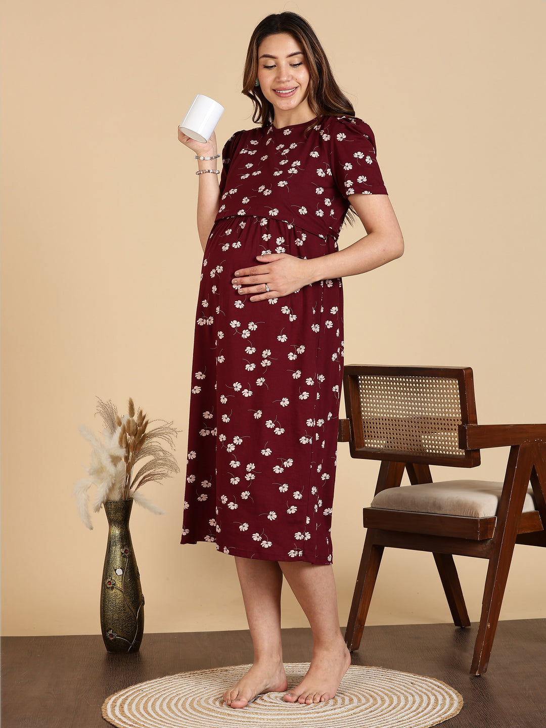 Maroon Breathable Zipless Maternity Feeding Nighty for Women