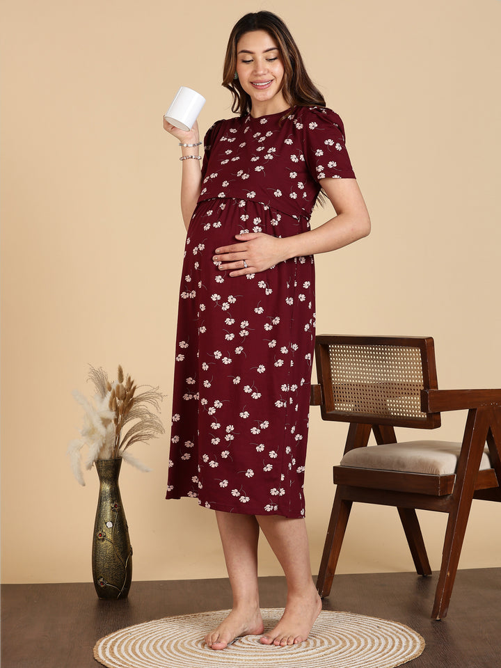 Maroon Breathable Zipless Maternity Feeding Nighty for Women