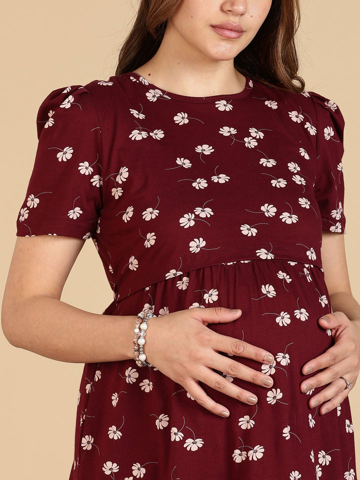 Maroon Breathable Zipless Maternity Feeding Nighty for Women