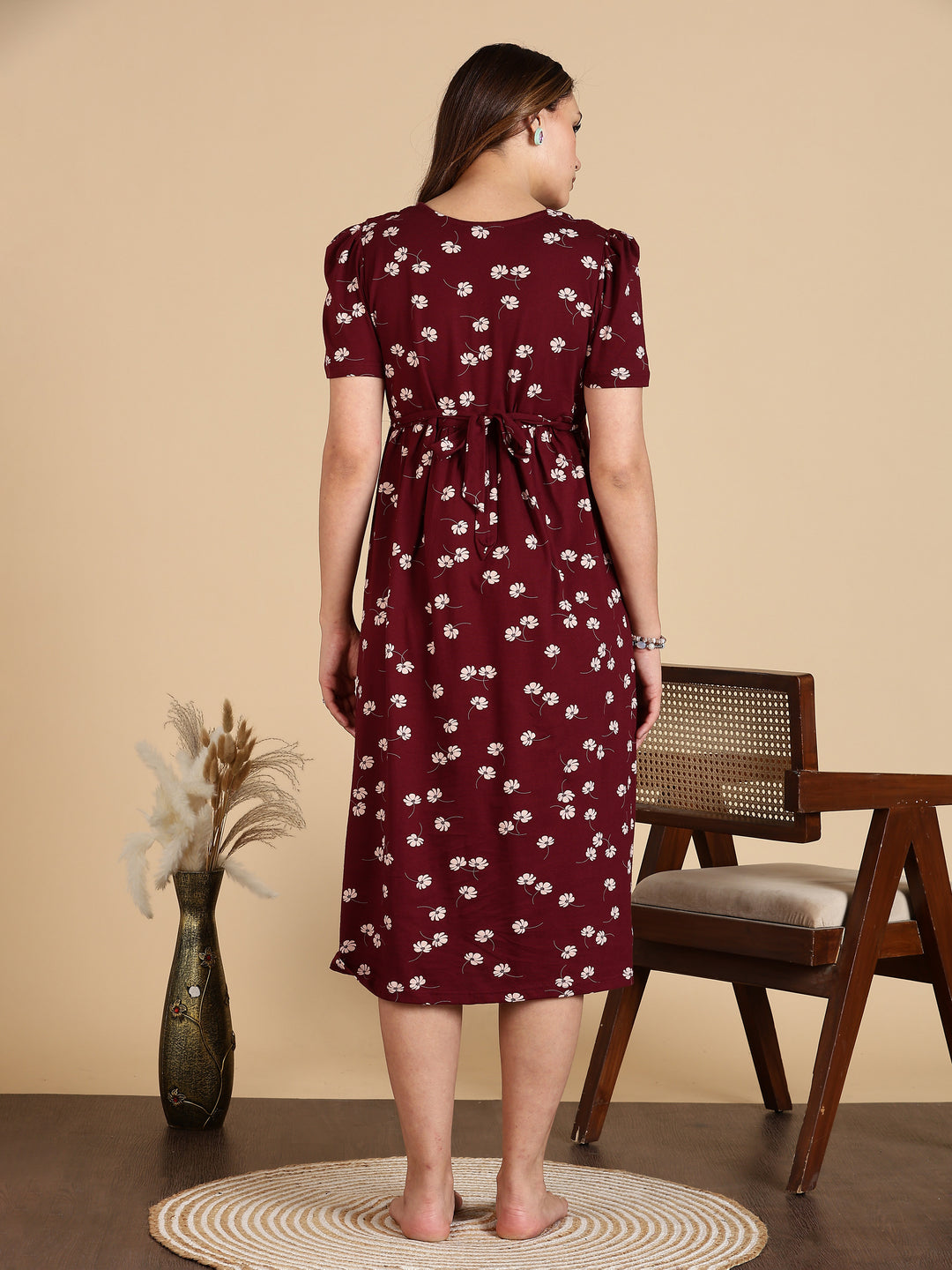Maroon Breathable Zipless Maternity Feeding Nighty for Women