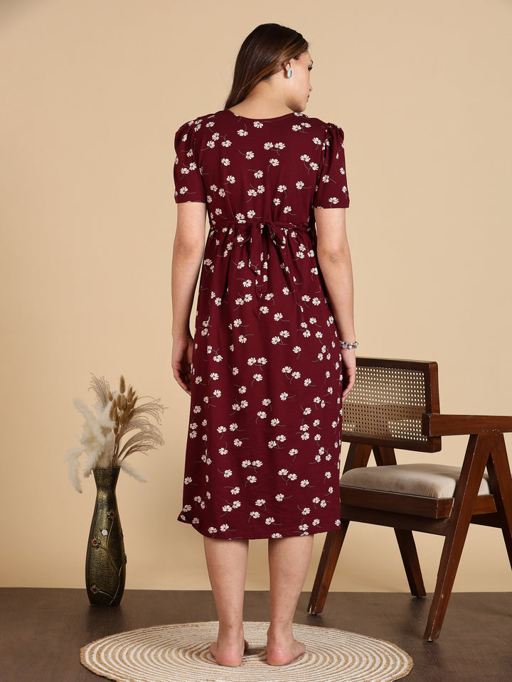 Maroon Breathable Zipless Maternity Feeding Nighty for Women