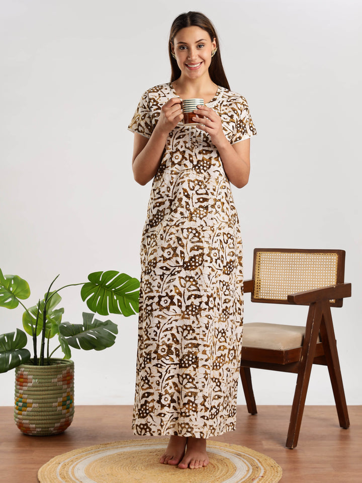 Mehendi Green Batik Print Nighty for Women