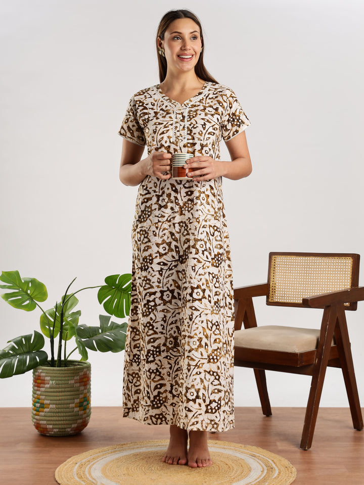 Mehendi Green Batik Print Nighty for Women