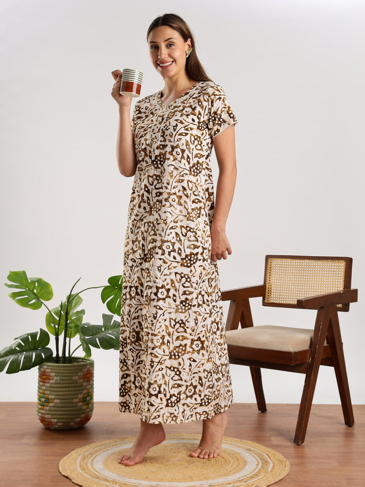 Mehendi Green Batik Print Nighty for Women