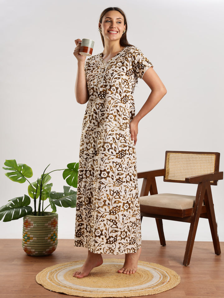 Mehendi Green Batik Print Nighty for Women