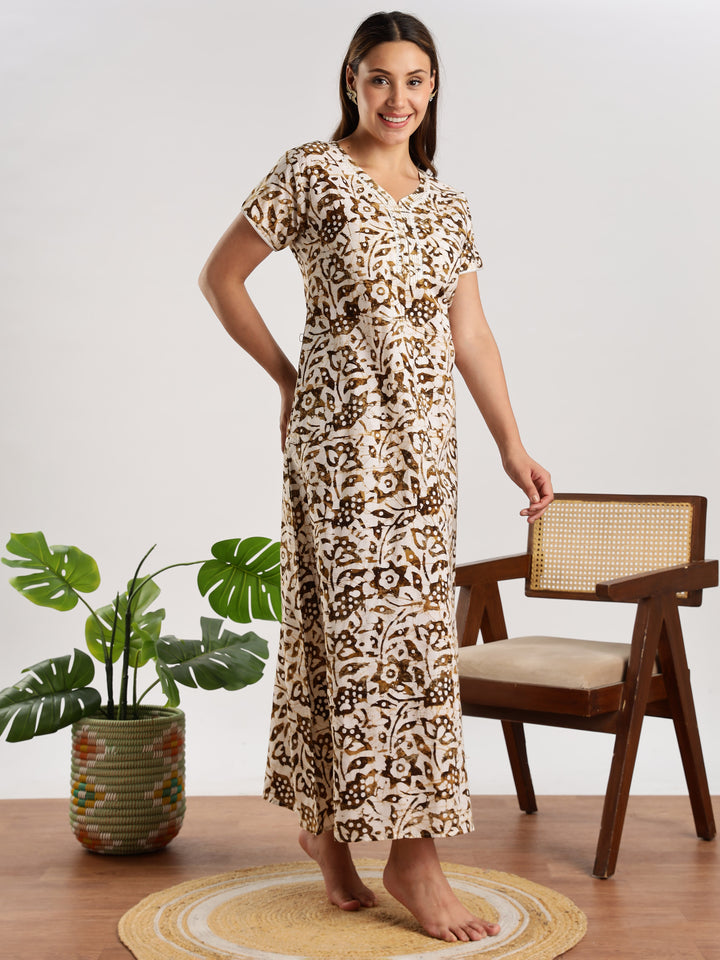 Mehendi Green Batik Print Nighty for Women