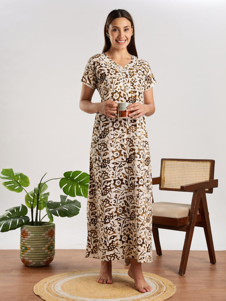 Mehendi Green Batik Print Nighty for Women