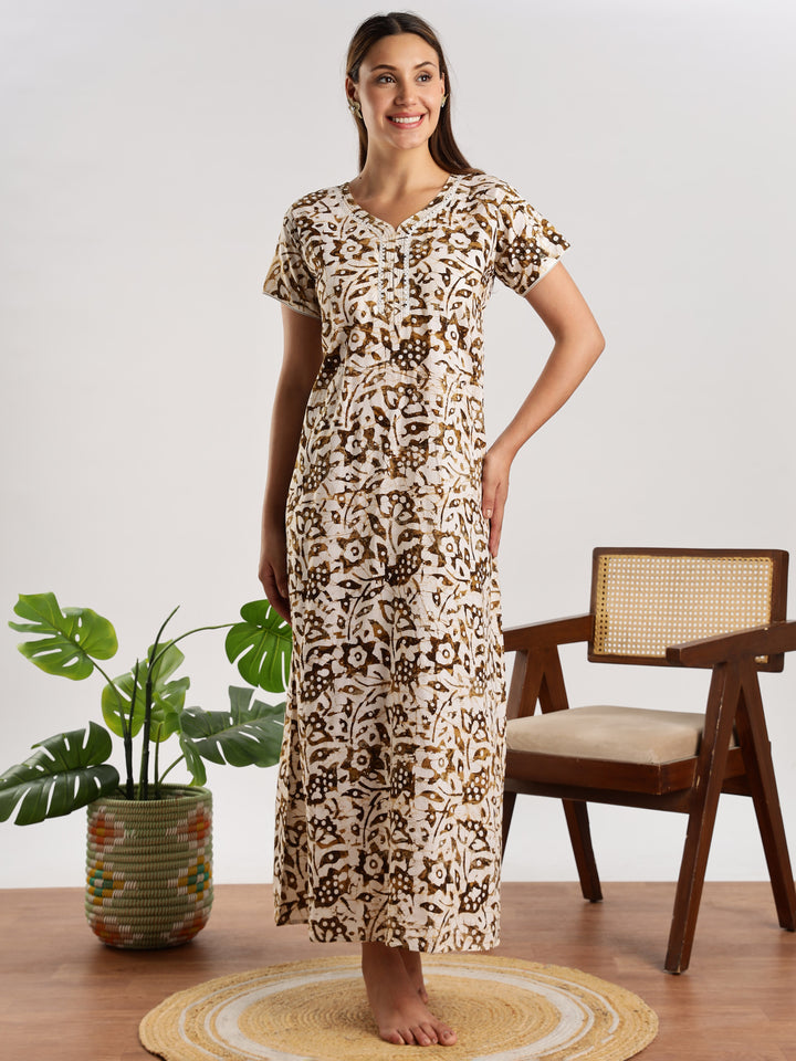Mehendi Green Batik Print Nighty for Women