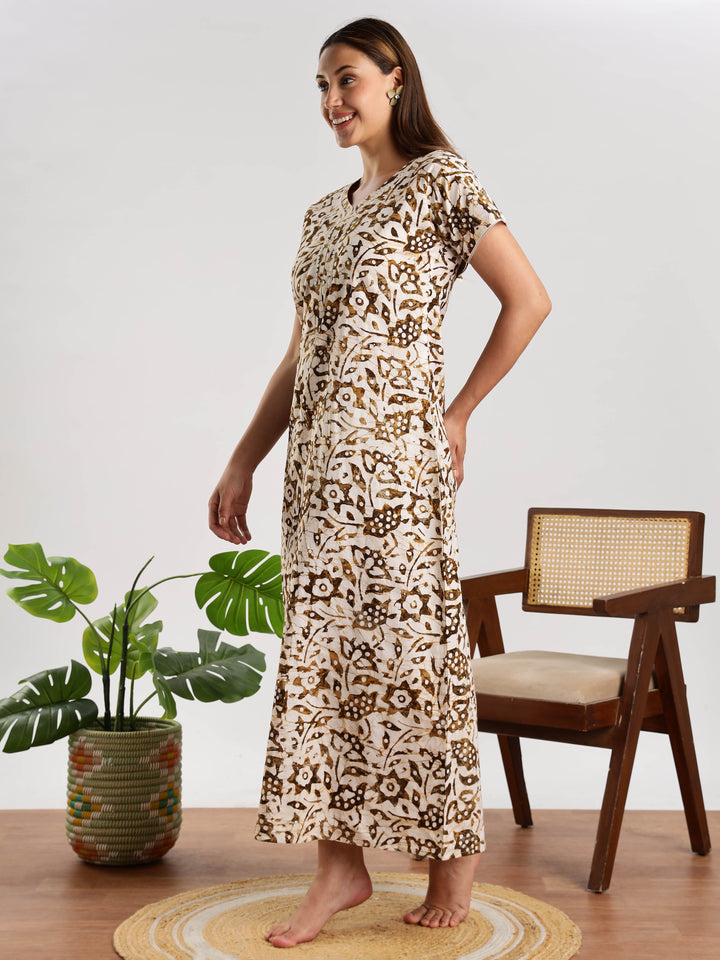 Mehendi Green Batik Print Nighty for Women