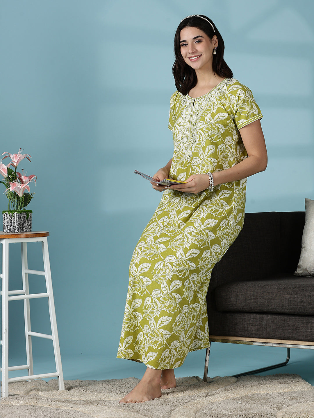 Mehndi Green Jaipuri Pure Branded Cotton Nighty for Women