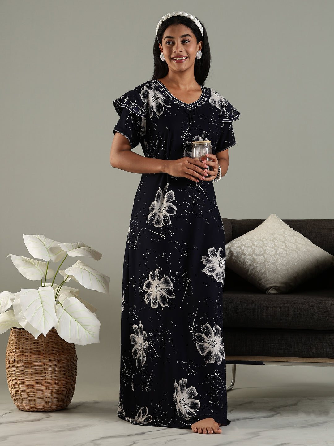 Midnight Bloom Rayon Nighty For Women with Floral Print