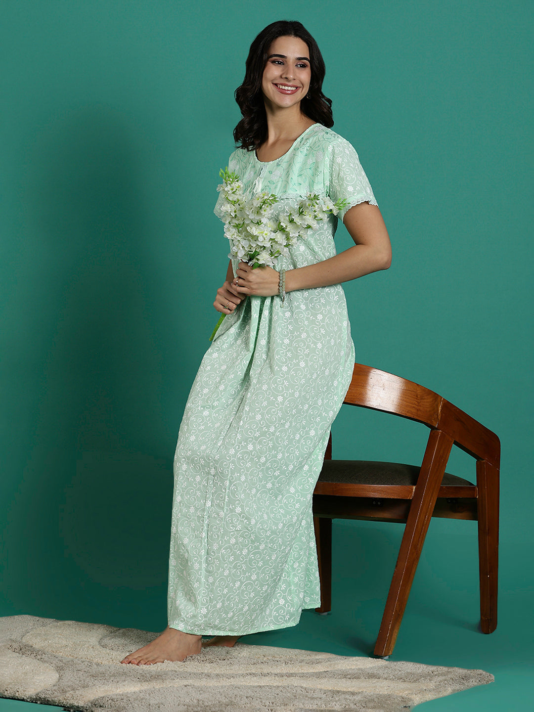Mint Serenity Branded Cotton Chikankari Nighty For Women