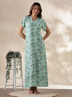 Alpine Mint Green Floral Nighty for Women with Lace Sleeves