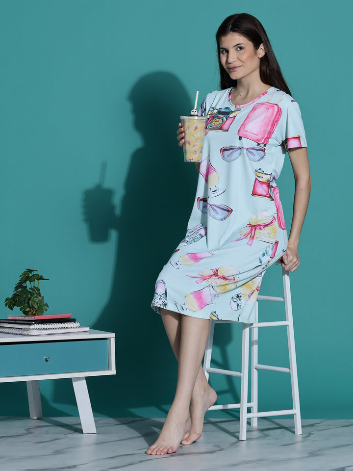 Mint Green Printed Short Cotton Nightdress